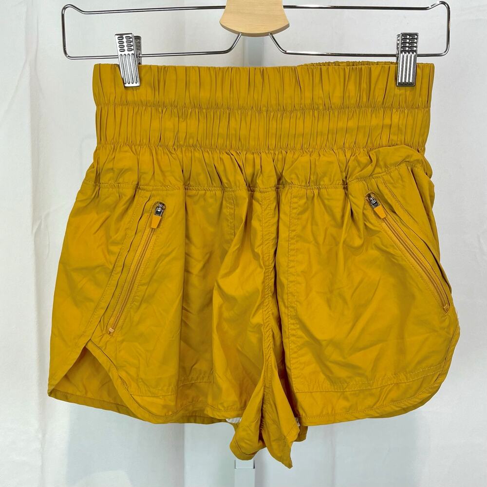 FREE PEOPLE Movement S The Way Home Shorts Smocked Waist Mustard Yellow Gold